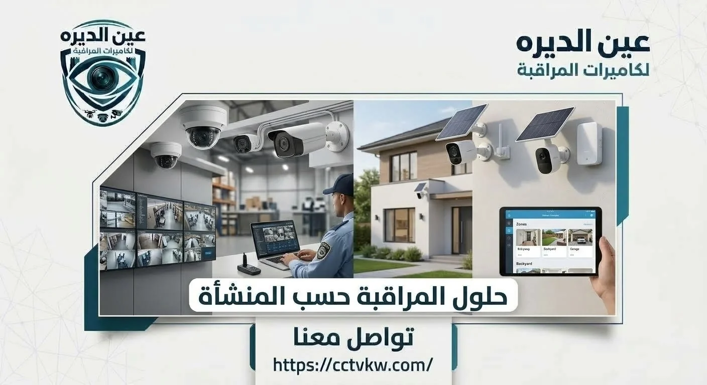 Surveillance solutions by facility type in Kuwait by Deera Eye: CCTV cameras for warehouses and commercial sites, and solar-powered home cameras with app monitoring