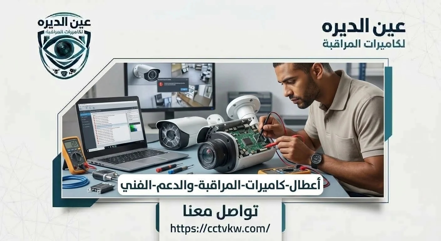 CCTV camera faults and technical support in Kuwait: Deera Eye technician testing a faulty camera circuit board with a multimeter and diagnosing it on a laptop
