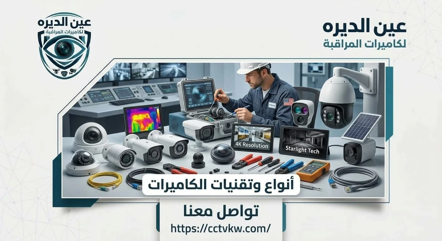 Types and technologies of CCTV cameras in Kuwait by Deera Eye: dome, bullet, PTZ, thermal and solar-powered cameras with 4K resolution