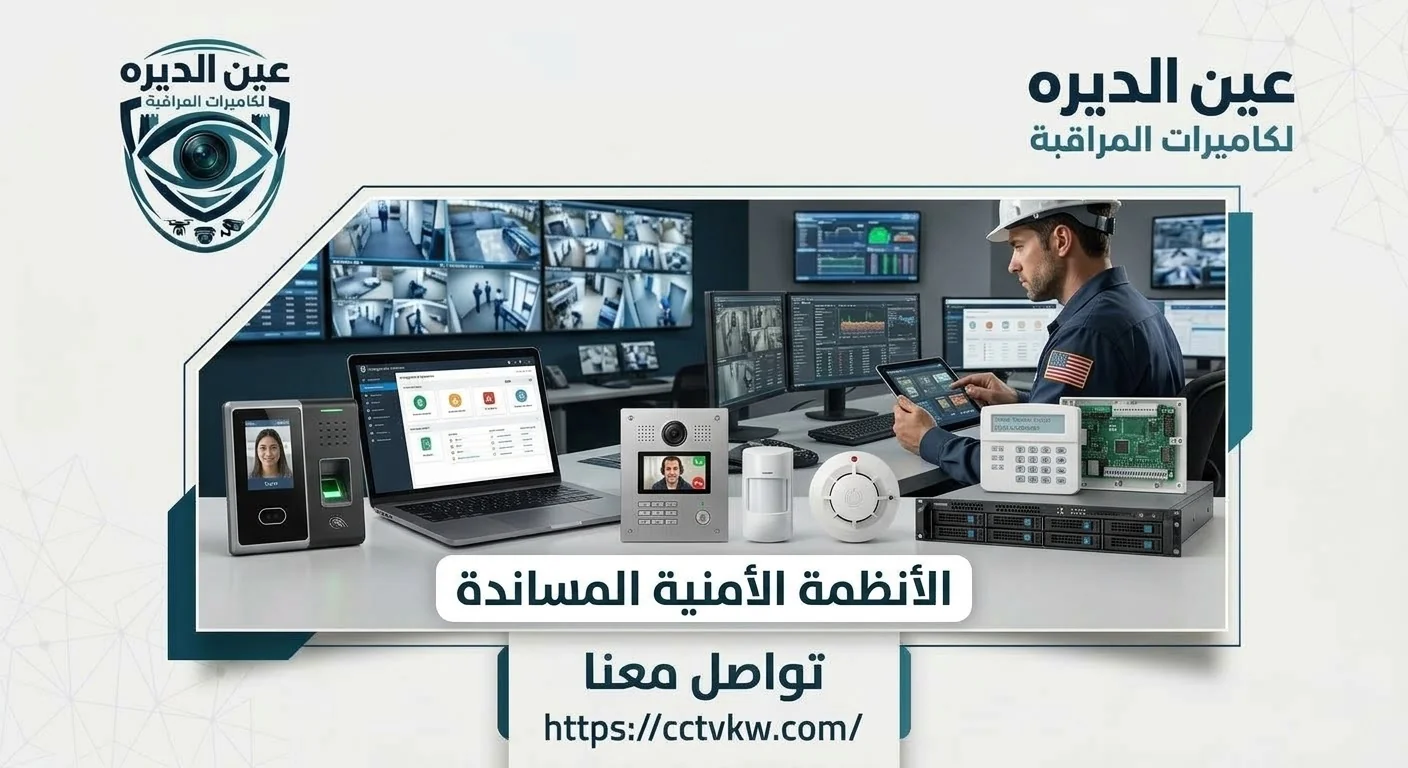Supporting security systems in Kuwait by Deera Eye: fingerprint attendance device, video intercom, motion sensor, smoke detector and alarm panel in a control room