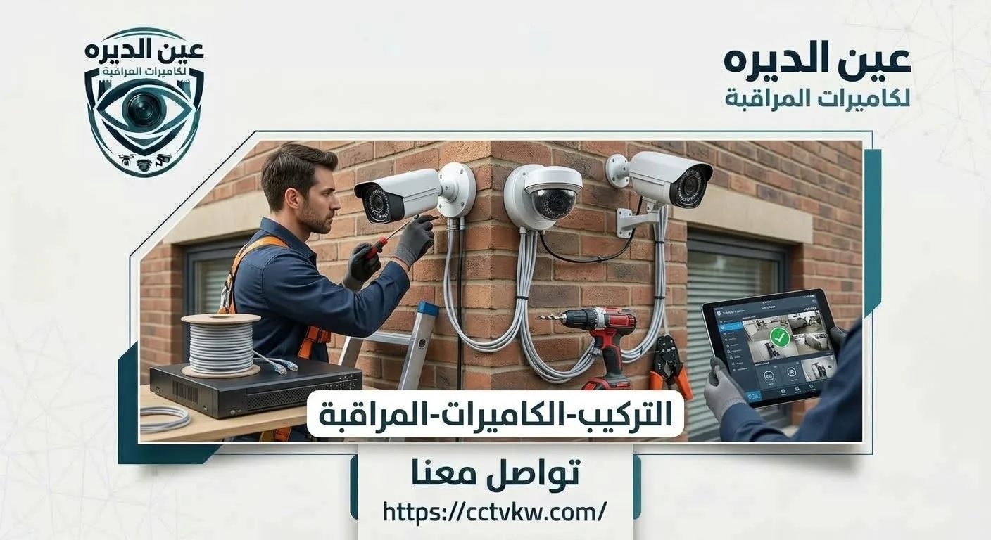CCTV camera installation in Kuwait: Deera Eye technician mounting outdoor cameras on a wall, running cables and checking the live view on a tablet