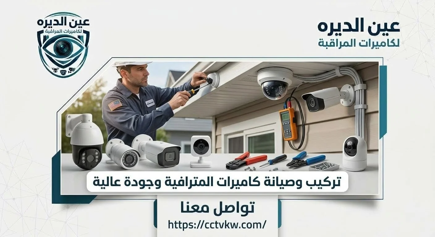 Professional, high-quality CCTV camera installation and maintenance in Kuwait by Deera Eye: technician fixing an outdoor security camera alongside a range of cameras and tools
