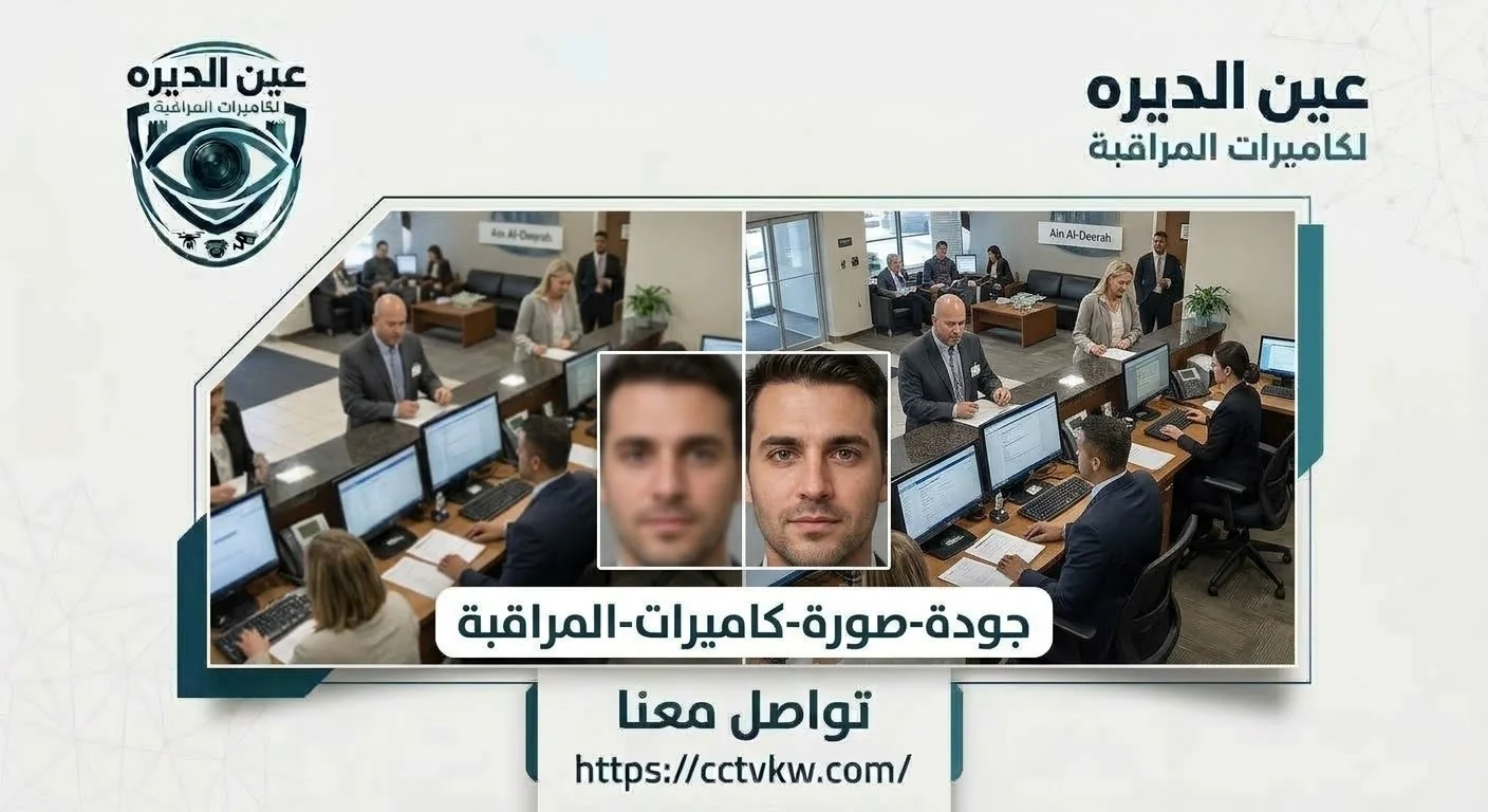 CCTV camera image quality in Kuwait by Deera Eye: comparison between a blurry low-resolution image and a sharp high-definition image showing facial detail