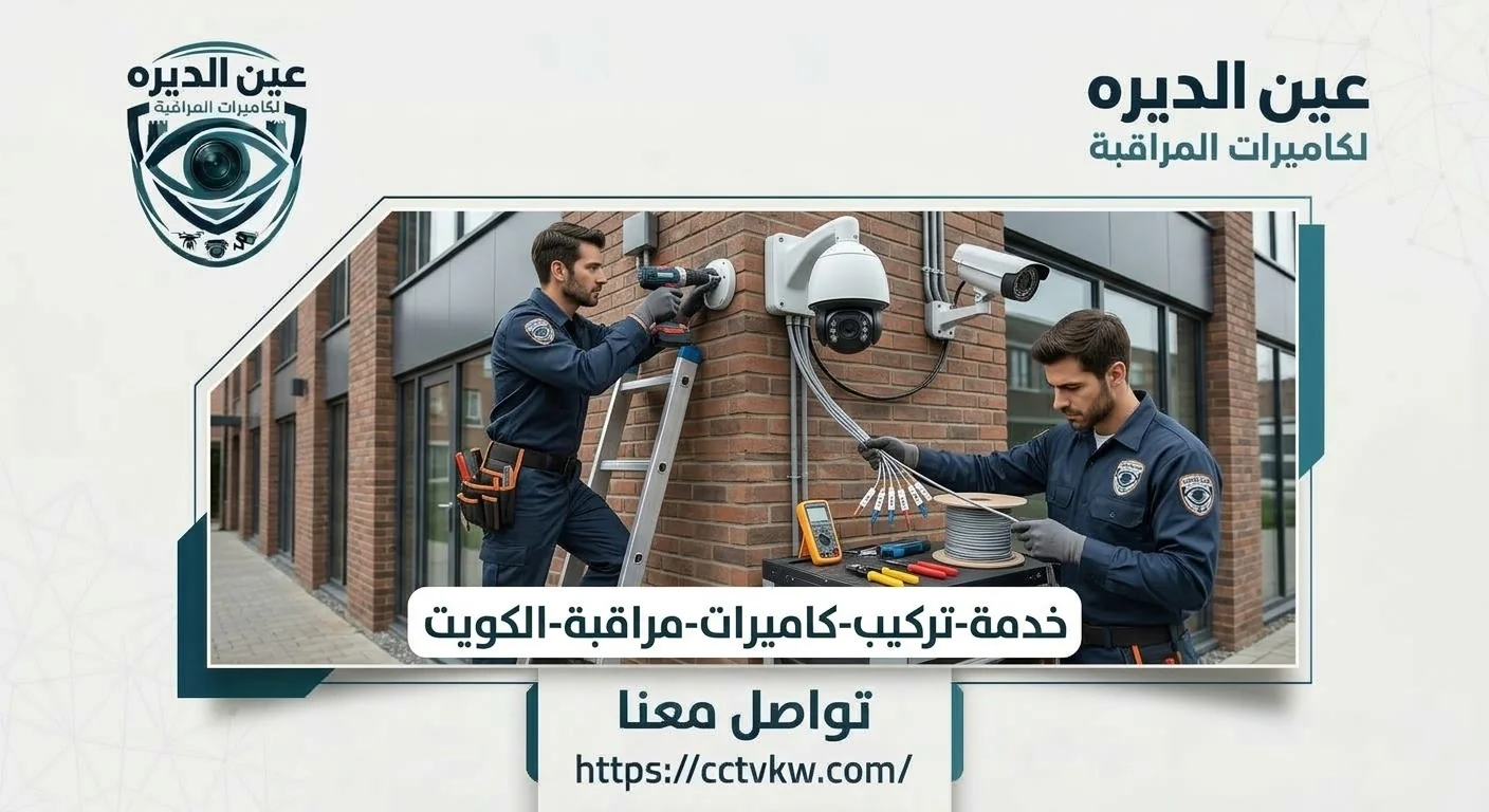 Deera Eye CCTV installation service in Kuwait, one technician mounting a camera while another prepares the cabling