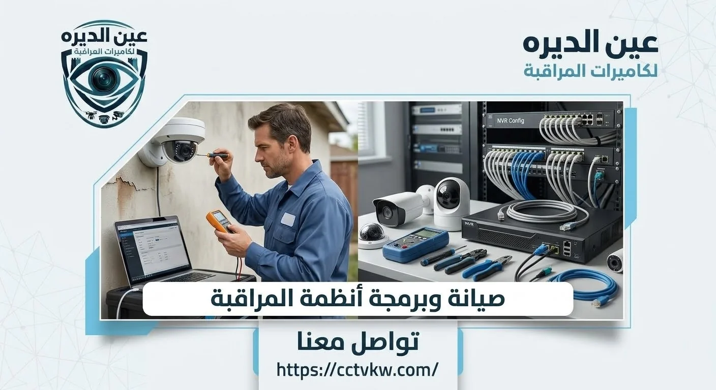 CCTV system maintenance and programming in Kuwait by Deera Eye: technician testing a security camera with a multimeter, NVR configuration and network cabling
