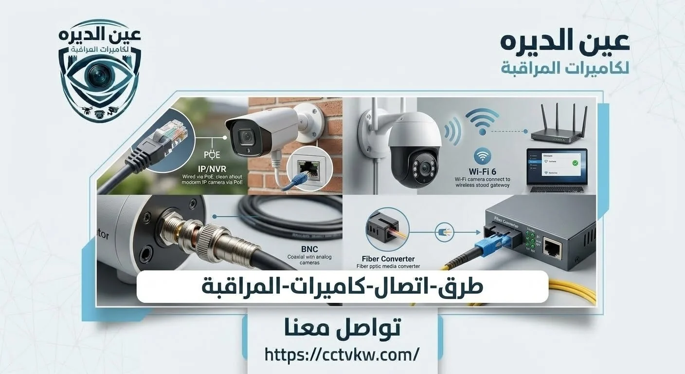CCTV camera connection types in Kuwait by Deera Eye: PoE network cable, WiFi camera, BNC coaxial cable for analog cameras and a fiber media converter