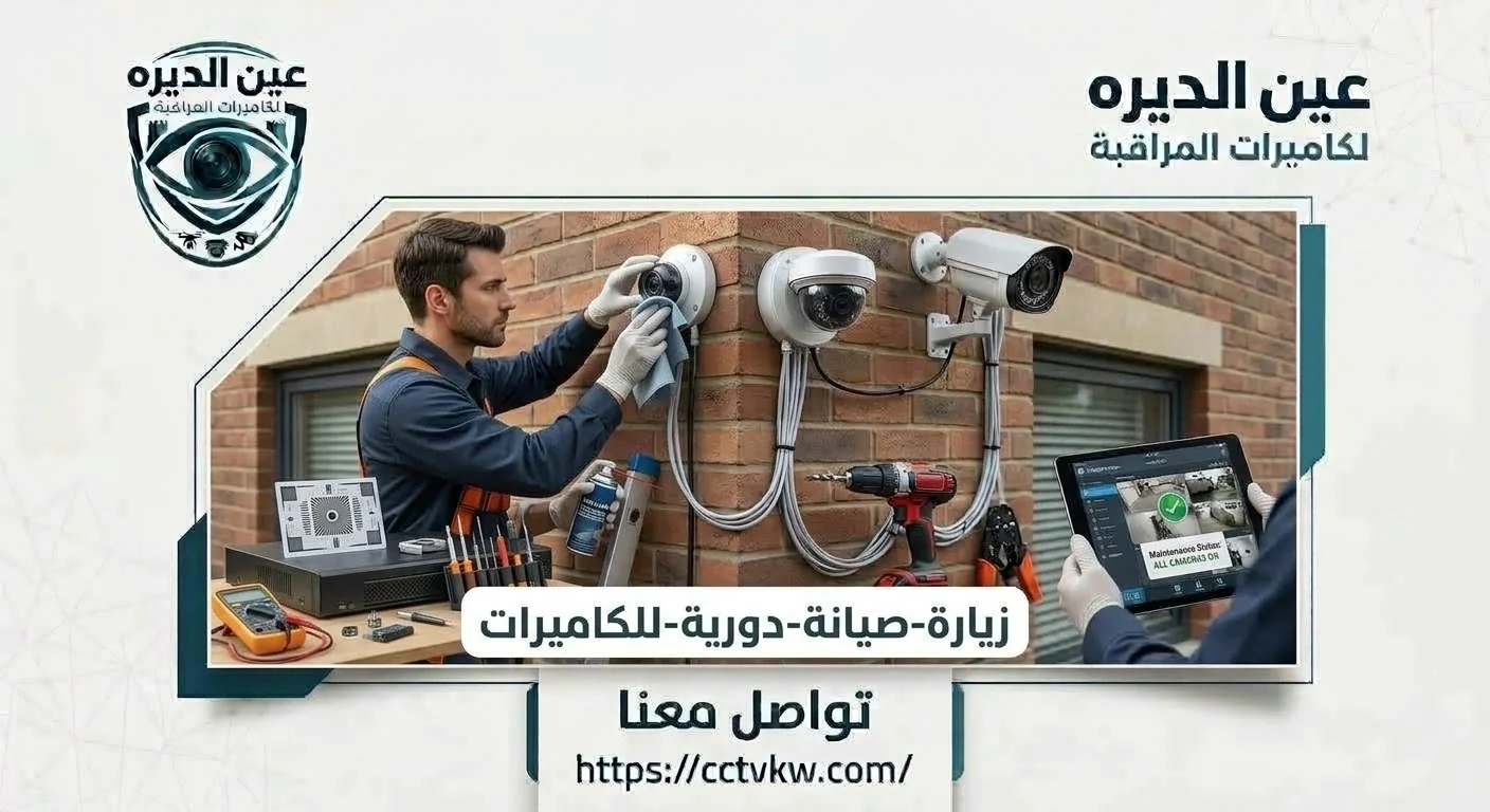 Maintenance technician cleaning an outdoor security camera lens during a routine CCTV maintenance visit and checking all cameras