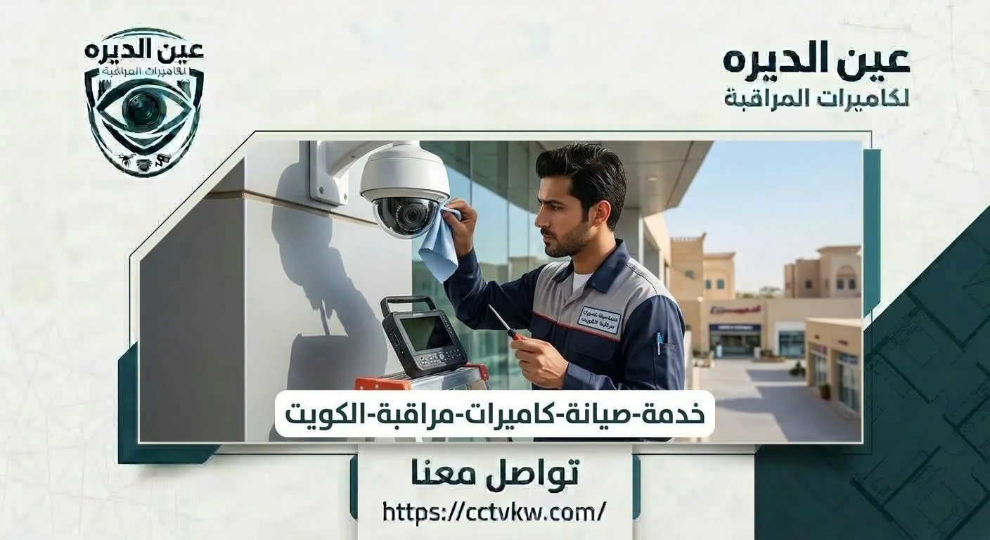 Maintenance technician cleaning an outdoor CCTV camera lens in Kuwait