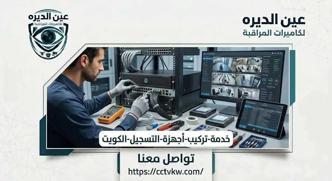 Technician installing a CCTV recorder and connecting network cables, with the live camera feed displayed on screen