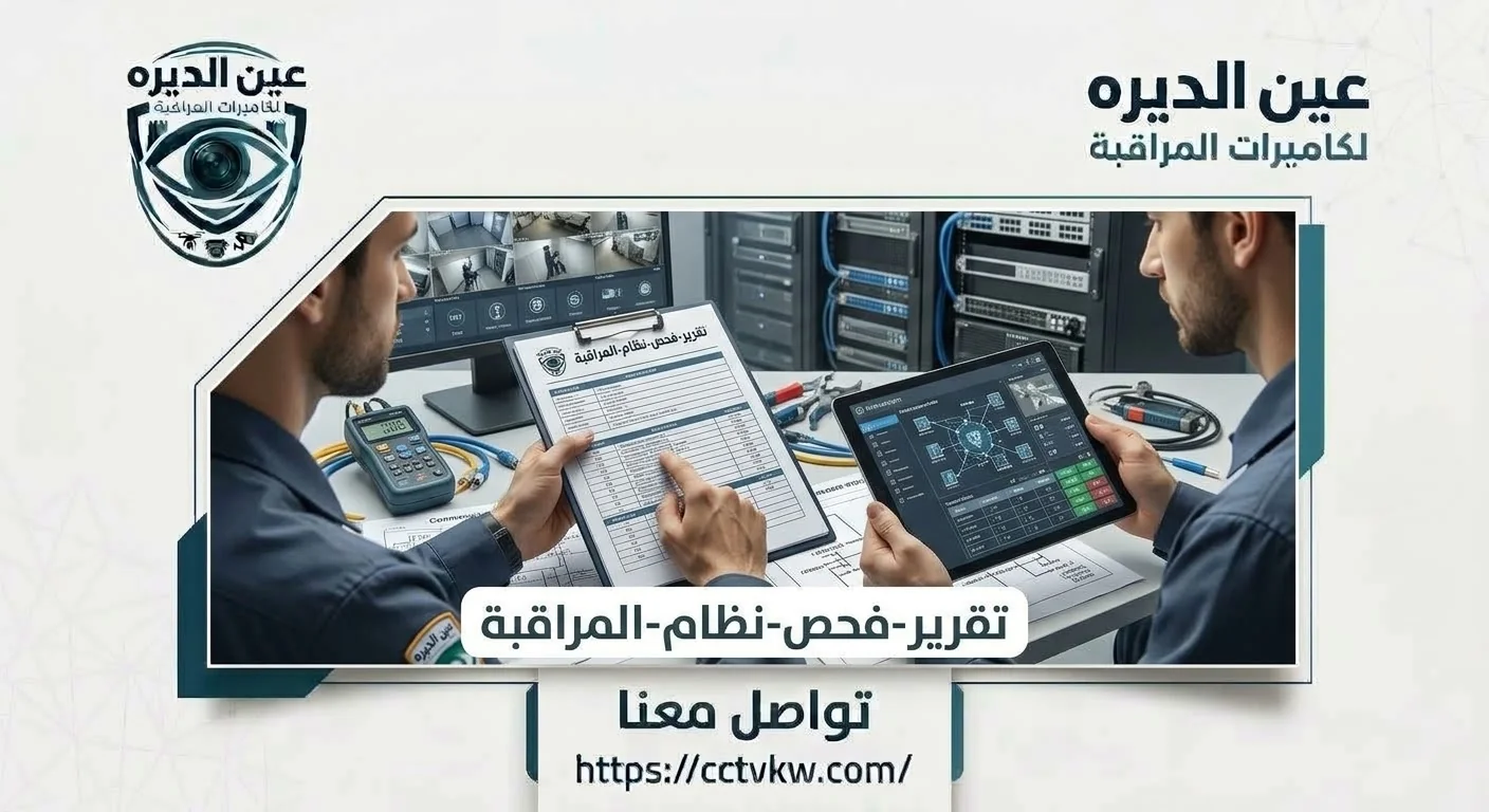 Two technicians reviewing a CCTV system inspection report and network status on a tablet inside a control room