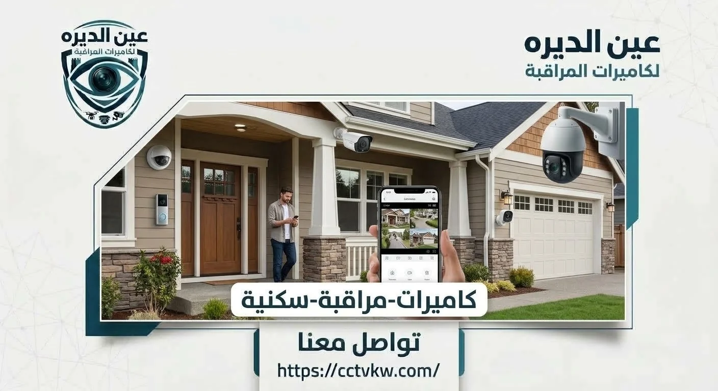 Residential security cameras in Kuwait by Deera Eye: outdoor cameras and a smart doorbell at a home entrance with live viewing on a mobile phone